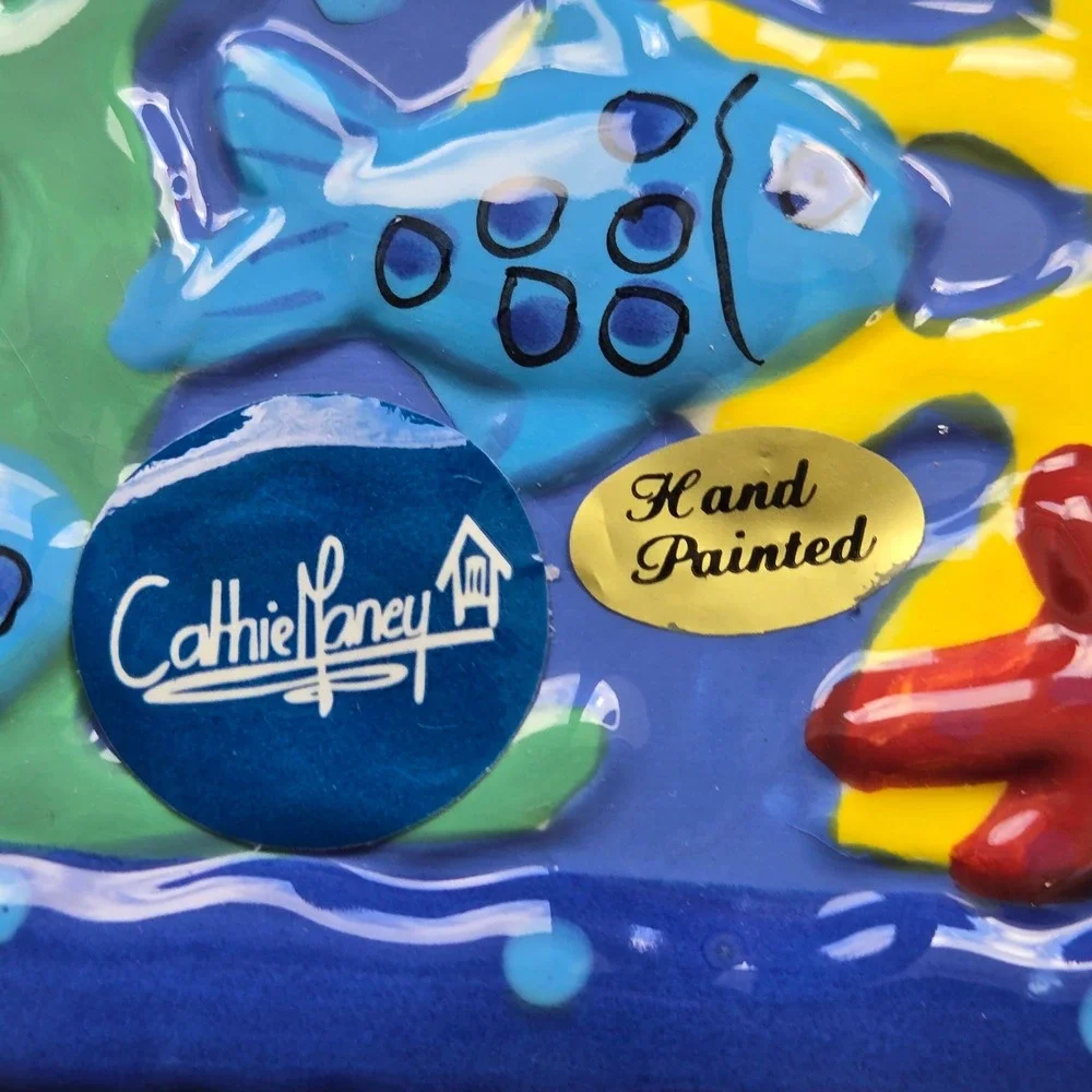 Cathie Raney Ceramic Tissue Box Cover 3D Tropical Fish Ocean Coral Reef Blue
